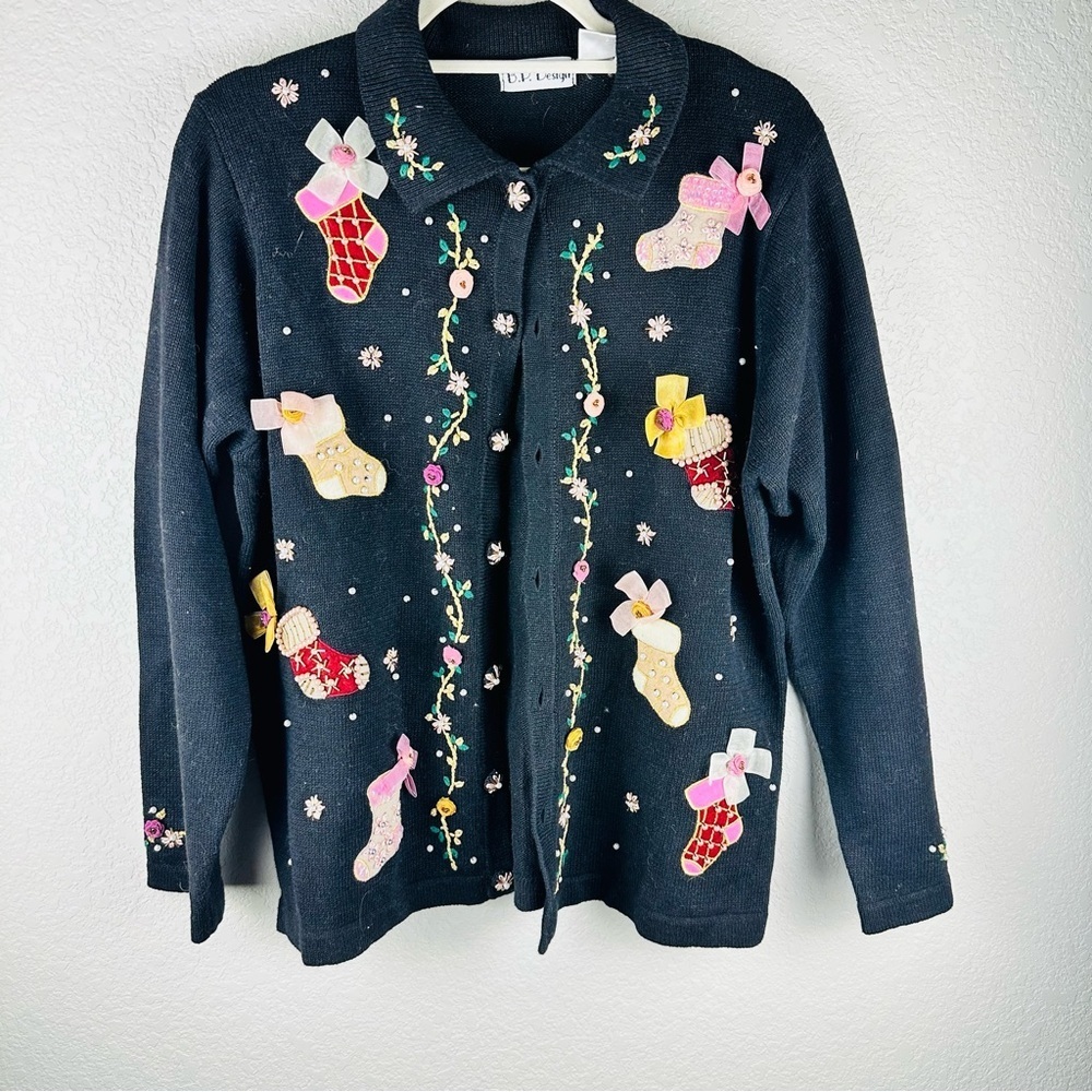 BP Designs - holiday/Christmas sock beaded cardigan, L